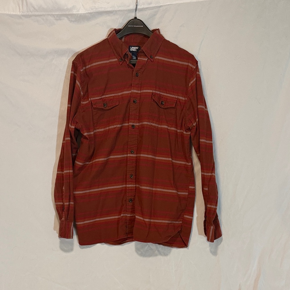 Lands End Brand Men's Brick Red Striped Button-Down Shirt